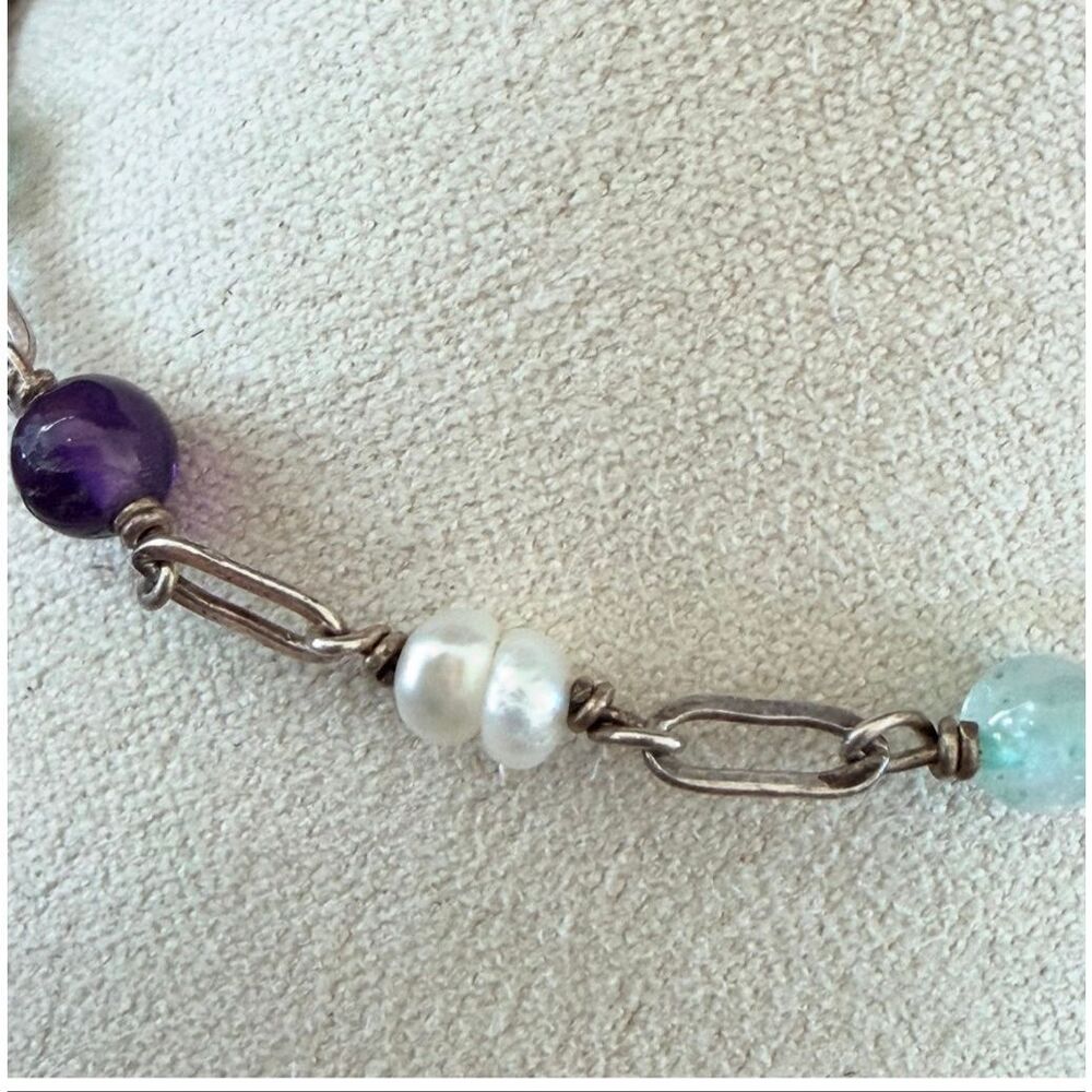 Sterling Silver Amethyst Aquamarine Freshwater Pearl Link Bracelet - Picture 6 of 9